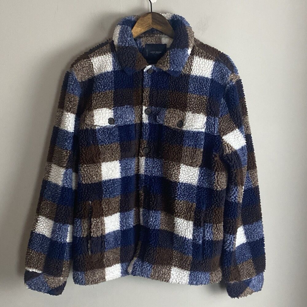 LUCKY BRAND Mens Blue Brown Check Deep Pile Sherpa Lined Jacket Size S Plaid